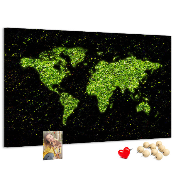 Lavagna di sughero mappa del mondo verde su sfondo nero