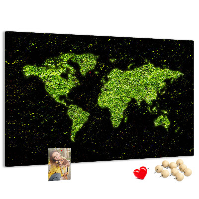 Lavagna di sughero mappa del mondo verde su sfondo nero