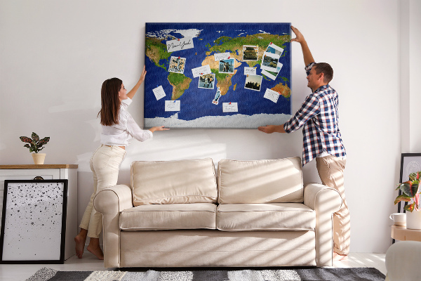Bacheca in sughero mappa del mondo con puntine colorate