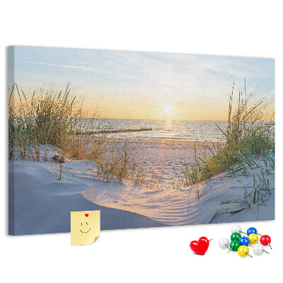 Lavagna di sughero con stampa di tramonto sulla spiaggia e sulle dune
