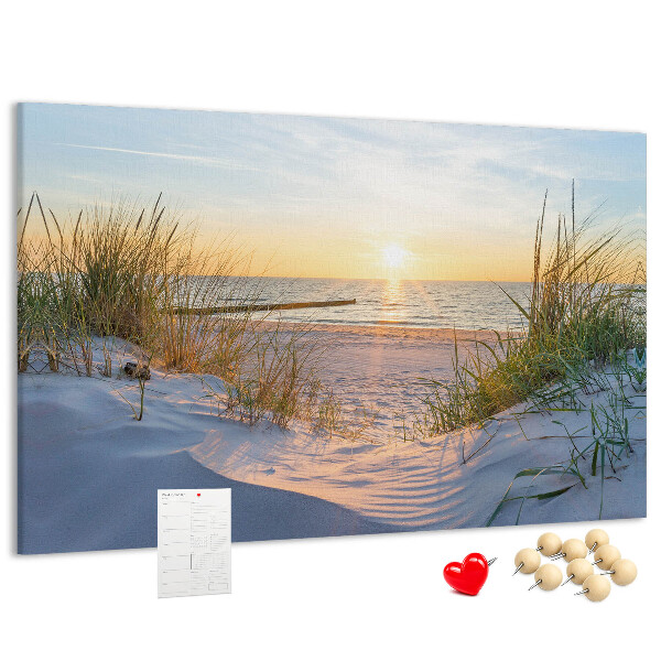Lavagna di sughero con stampa di tramonto sulla spiaggia e sulle dune