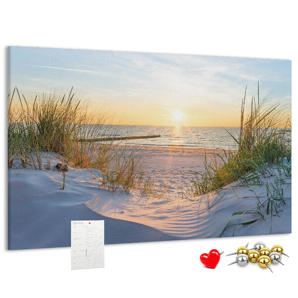 Lavagna di sughero con stampa di tramonto sulla spiaggia e sulle dune