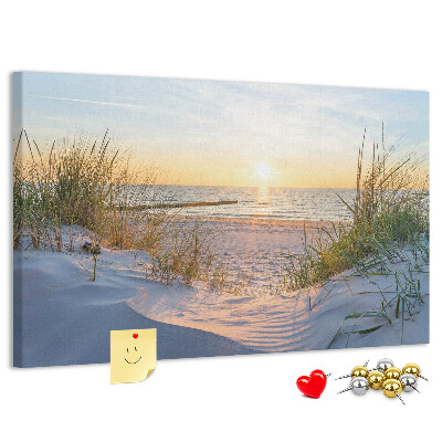 Lavagna di sughero con stampa di tramonto sulla spiaggia e sulle dune