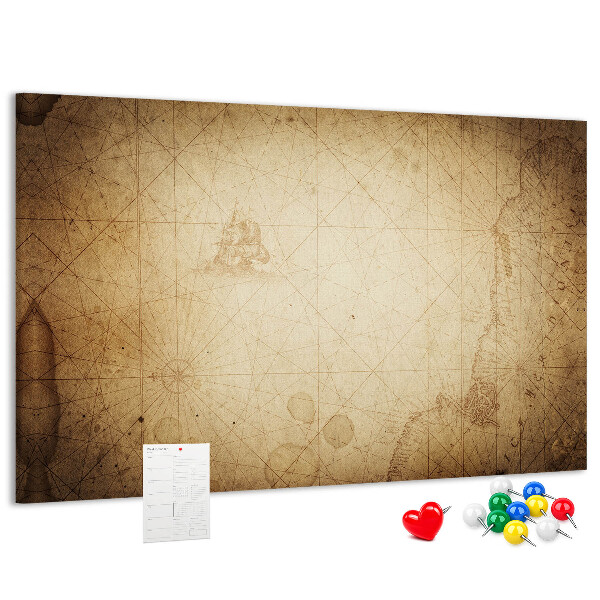 Lavagna di sughero con stampa di antica mappa e punti segnati