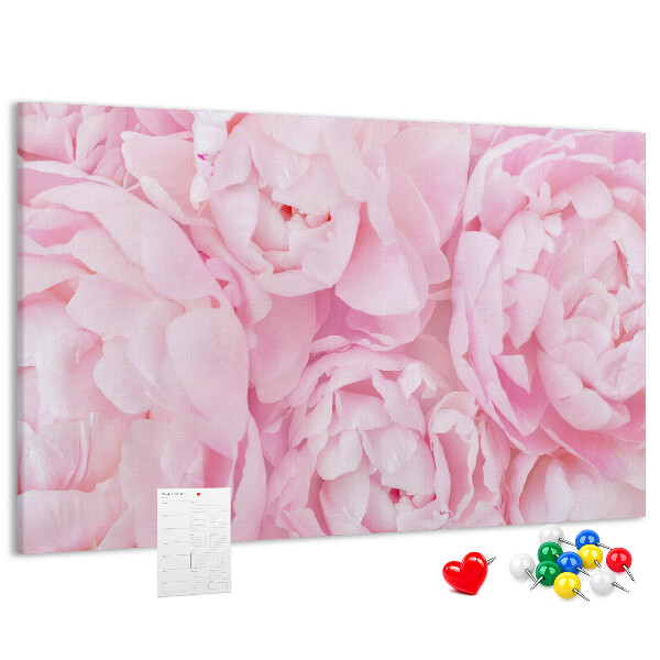 Lavagna di sughero con stampa di peonie rosa in una delicata tonalità