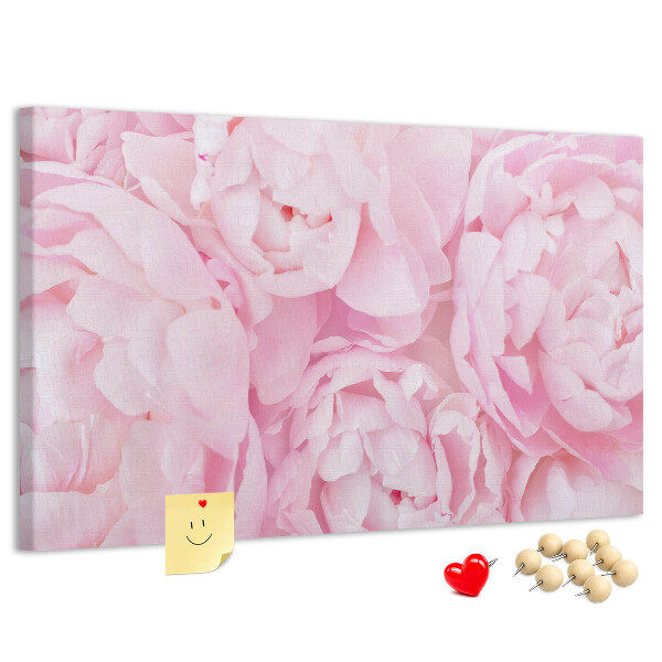 Lavagna di sughero con stampa di peonie rosa in una delicata tonalità