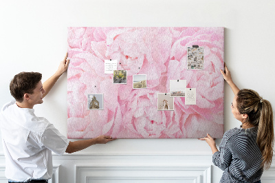 Lavagna di sughero con stampa di peonie rosa in una delicata tonalità