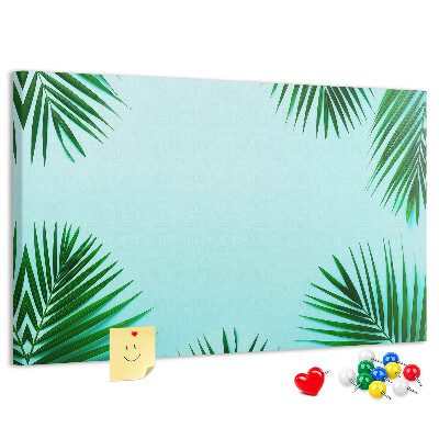 Bacheca in sughero con stampa di foglie tropicali su sfondo blu