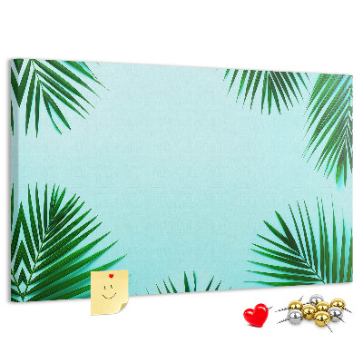 Bacheca in sughero con stampa di foglie tropicali su sfondo blu