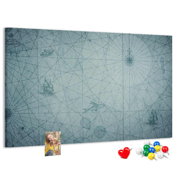 Bacheca in sughero con stampa antica mappa e motivi geometrici