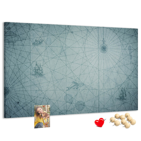 Bacheca in sughero con stampa antica mappa e motivi geometrici