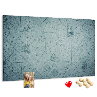 Bacheca in sughero con stampa antica mappa e motivi geometrici