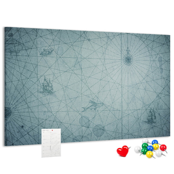 Bacheca in sughero con stampa antica mappa e motivi geometrici