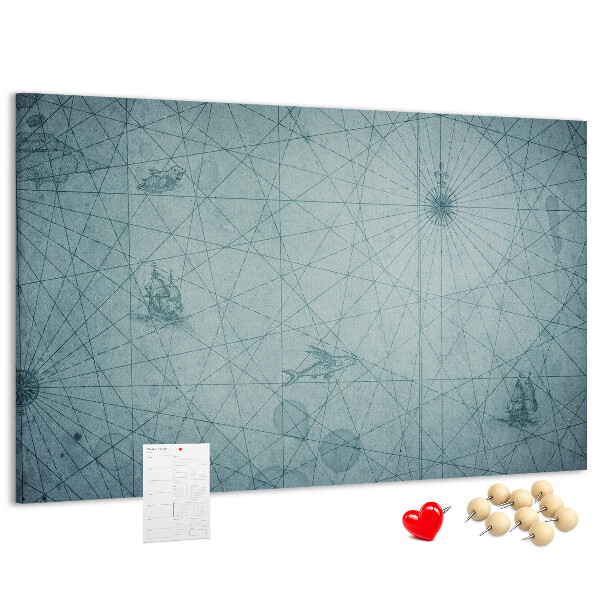 Bacheca in sughero con stampa antica mappa e motivi geometrici