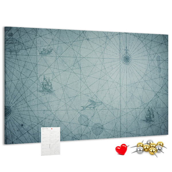 Bacheca in sughero con stampa antica mappa e motivi geometrici