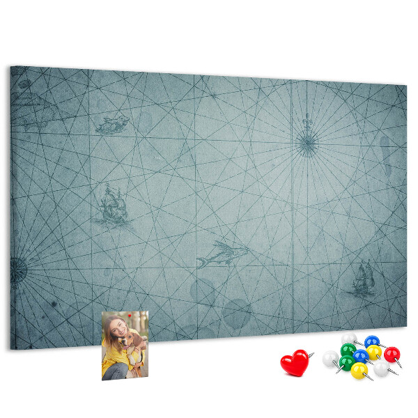 Bacheca in sughero con stampa antica mappa e motivi geometrici