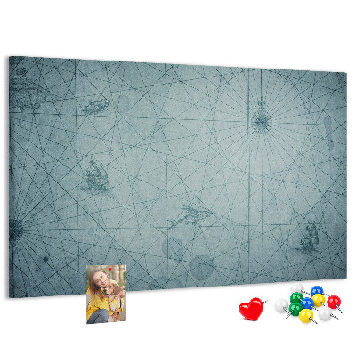 Bacheca in sughero con stampa antica mappa e motivi geometrici