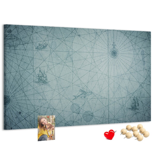 Bacheca in sughero con stampa antica mappa e motivi geometrici