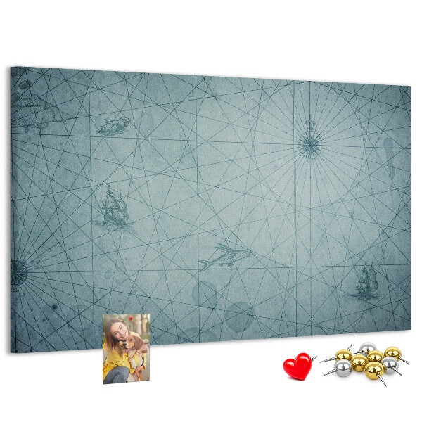 Bacheca in sughero con stampa antica mappa e motivi geometrici