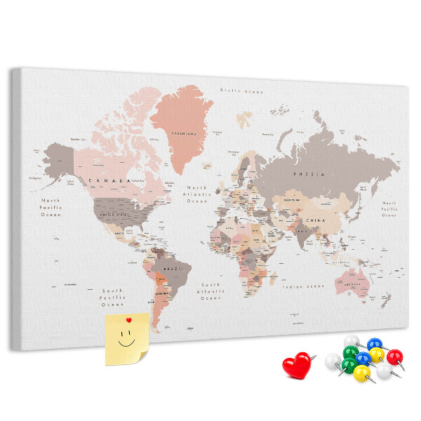 Lavagna di sughero mappa del mondo dai colori tenui
