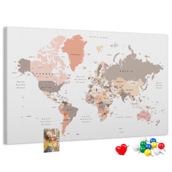 Lavagna di sughero mappa del mondo dai colori tenui