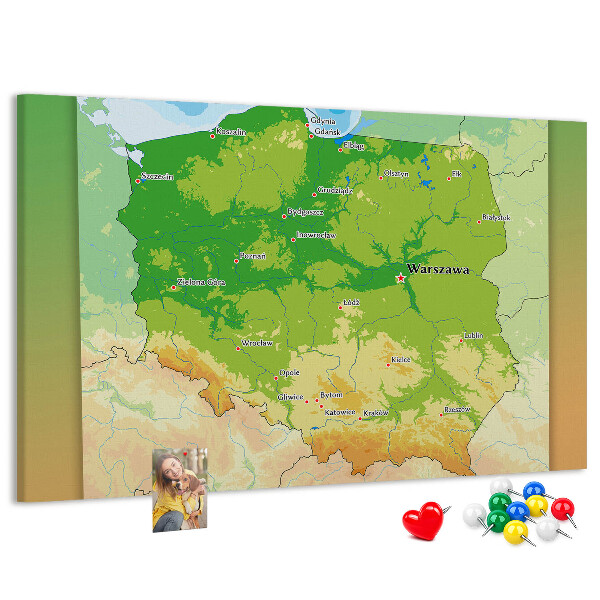 Bacheca in sughero con mappa della Polonia e Varsavia evidenziata