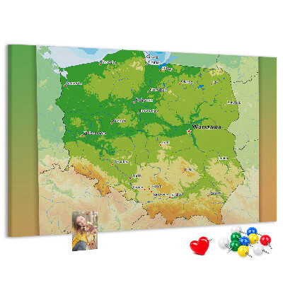 Bacheca in sughero con mappa della Polonia e Varsavia evidenziata