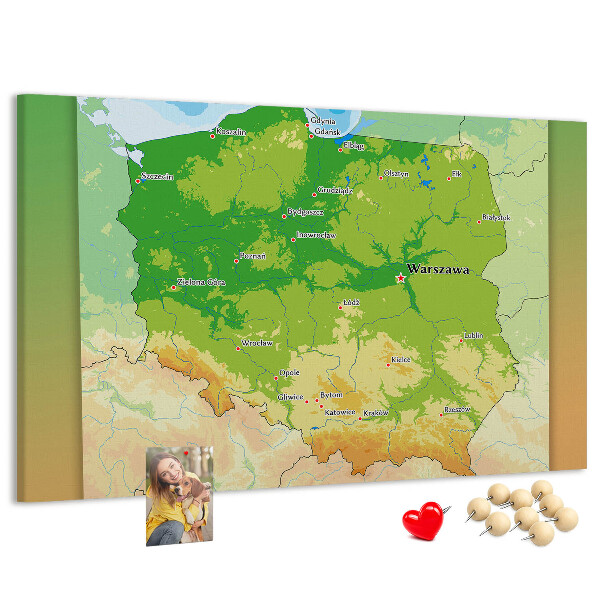 Bacheca in sughero con mappa della Polonia e Varsavia evidenziata