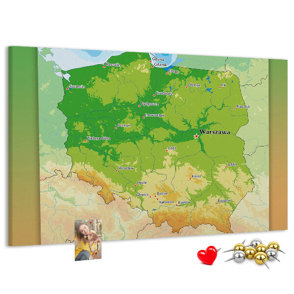 Bacheca in sughero con mappa della Polonia e Varsavia evidenziata