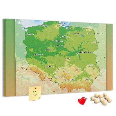 Bacheca in sughero con mappa della Polonia e Varsavia evidenziata