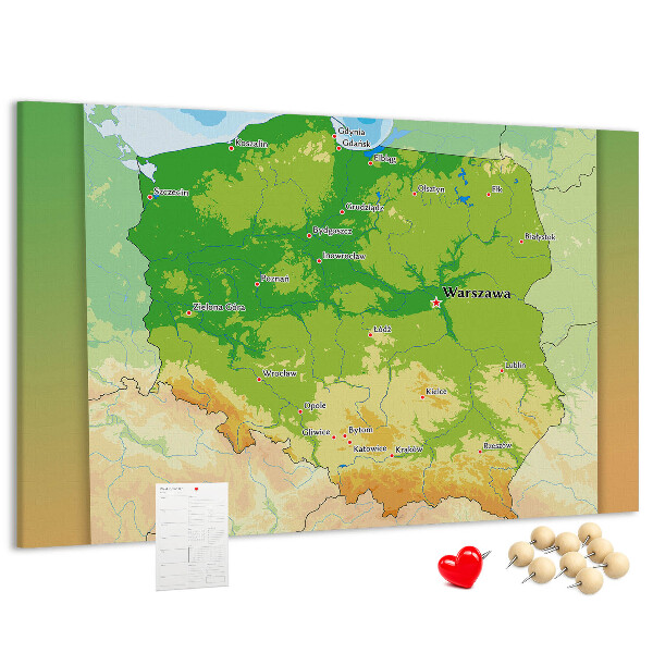 Bacheca in sughero con mappa della Polonia e Varsavia evidenziata