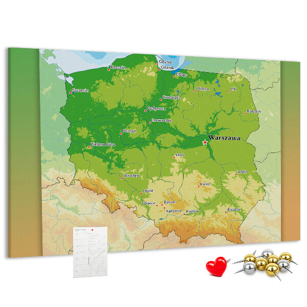 Bacheca in sughero con mappa della Polonia e Varsavia evidenziata
