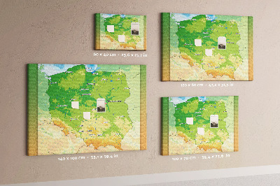 Bacheca in sughero con mappa della Polonia e Varsavia evidenziata