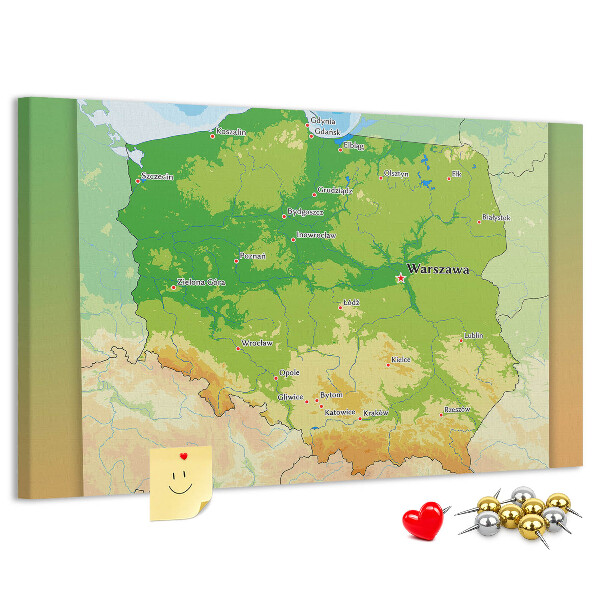 Bacheca in sughero con mappa della Polonia e Varsavia evidenziata
