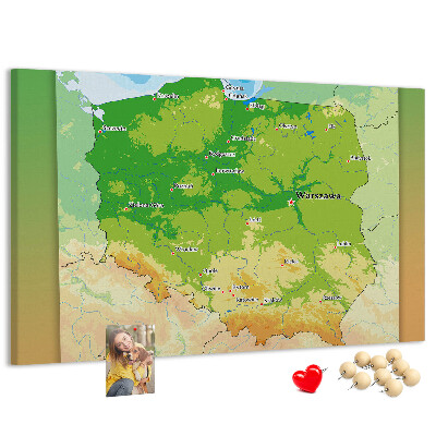 Bacheca in sughero con mappa della Polonia e Varsavia evidenziata