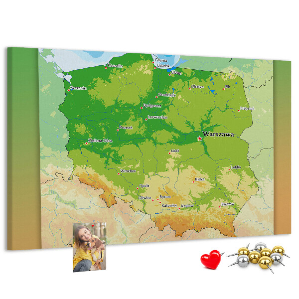 Bacheca in sughero con mappa della Polonia e Varsavia evidenziata