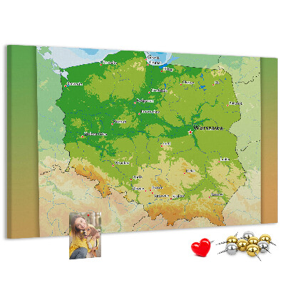 Bacheca in sughero con mappa della Polonia e Varsavia evidenziata