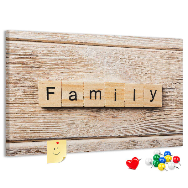 Bacheca in sughero con stampa decorativa di famiglia su sfondo di tavola in legno