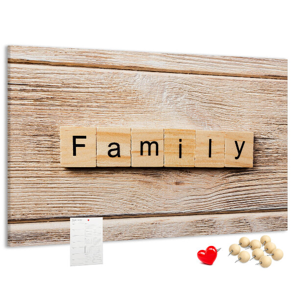 Bacheca in sughero con stampa decorativa di famiglia su sfondo di tavola in legno