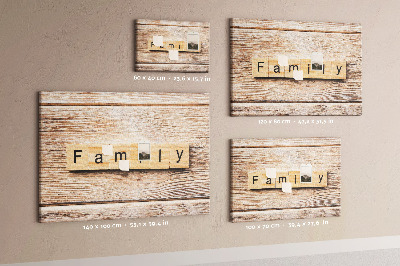 Bacheca in sughero con stampa decorativa di famiglia su sfondo di tavola in legno