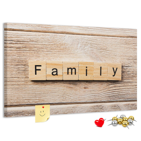 Bacheca in sughero con stampa decorativa di famiglia su sfondo di tavola in legno