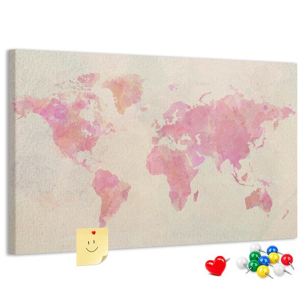 Lavagna di sughero mappa del mondo con colori pastello in stile acquerello