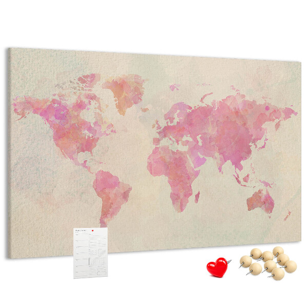 Lavagna di sughero mappa del mondo con colori pastello in stile acquerello
