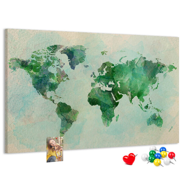 Bacheca in sughero mappa del mondo color acquerello verde