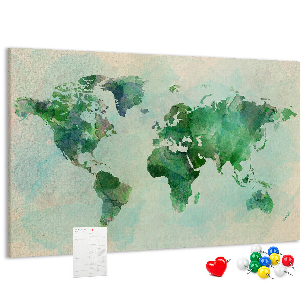 Bacheca in sughero mappa del mondo color acquerello verde