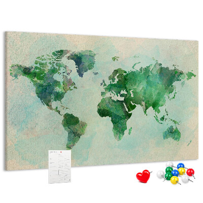 Bacheca in sughero mappa del mondo color acquerello verde