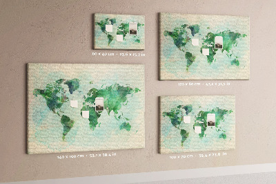 Bacheca in sughero mappa del mondo color acquerello verde