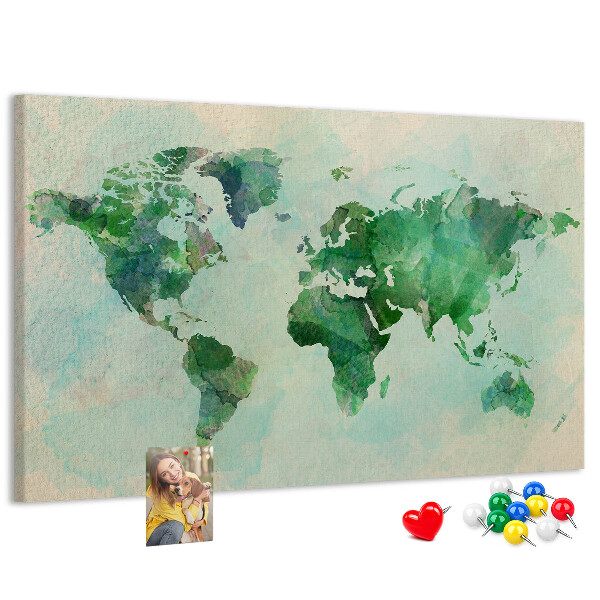 Bacheca in sughero mappa del mondo color acquerello verde
