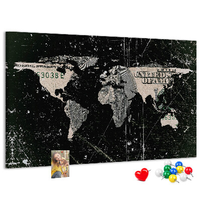 Lavagna di sughero con mappa del mondo su sfondo banconota da un dollaro