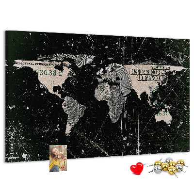 Lavagna di sughero con mappa del mondo su sfondo banconota da un dollaro